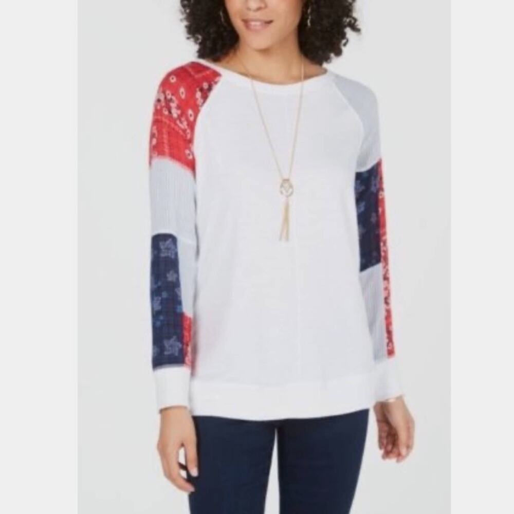 Style & co American Breeze Patch Work Bandana White/Blue Sweatshirt